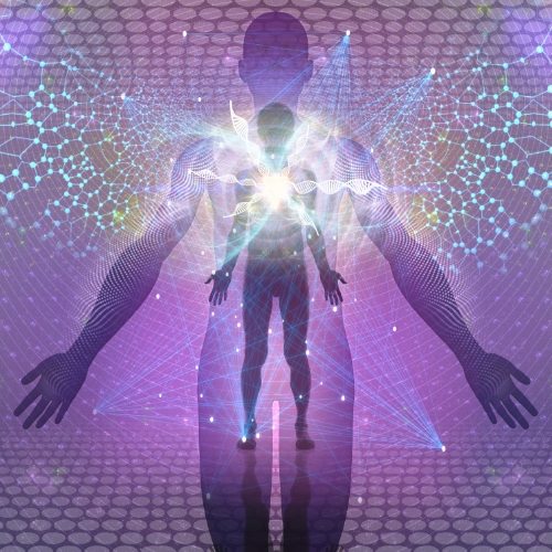 purple image showing a silhouette of a body with light around it representing the energy centers